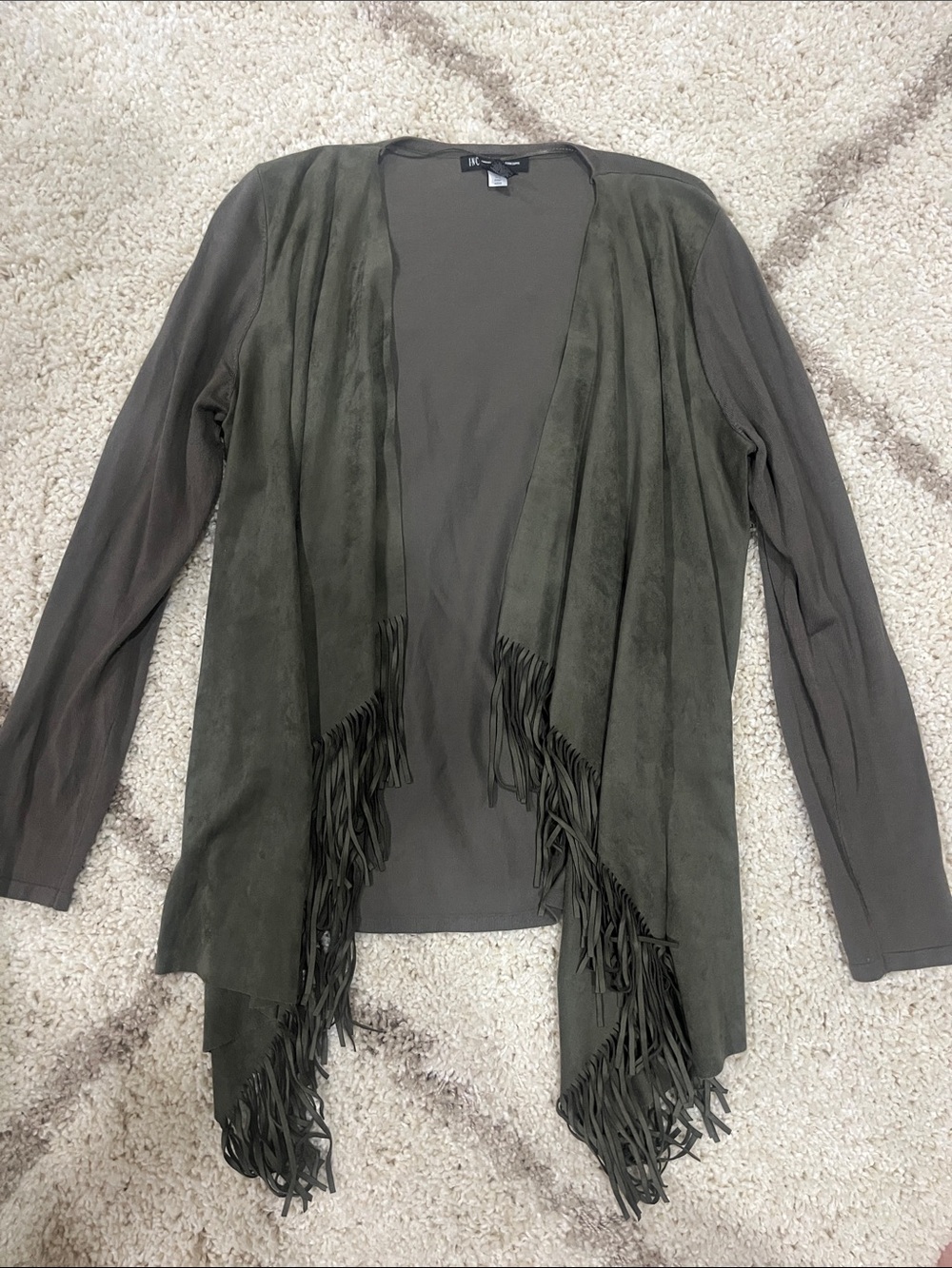 INC International Concepts Olive Fringe Open Front Cardigan